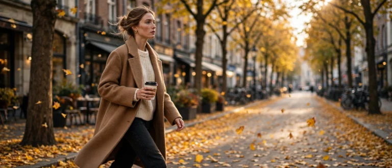 Woman wearing a camel coat and cream sweater with dark jeans on a fall street