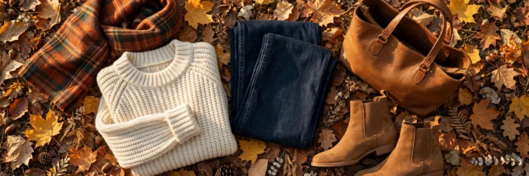 Fall accessories styled together — plaid scarf, tan tote bag, and ankle boots