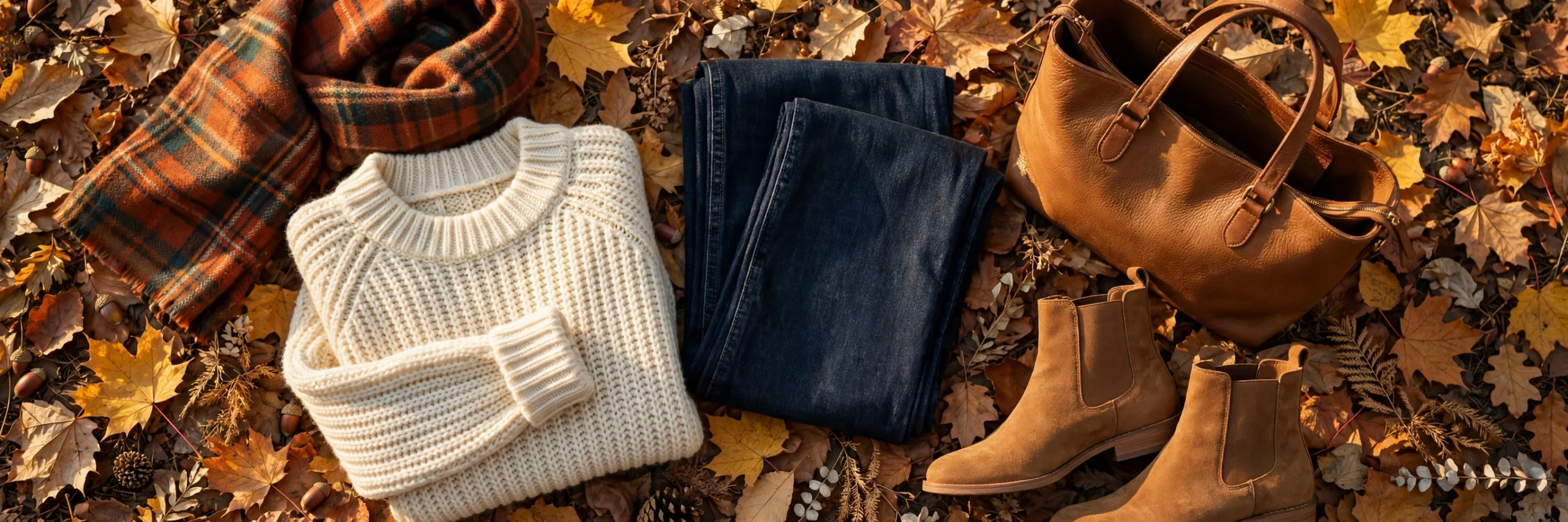 Fall accessories styled together — plaid scarf, tan tote bag, and ankle boots