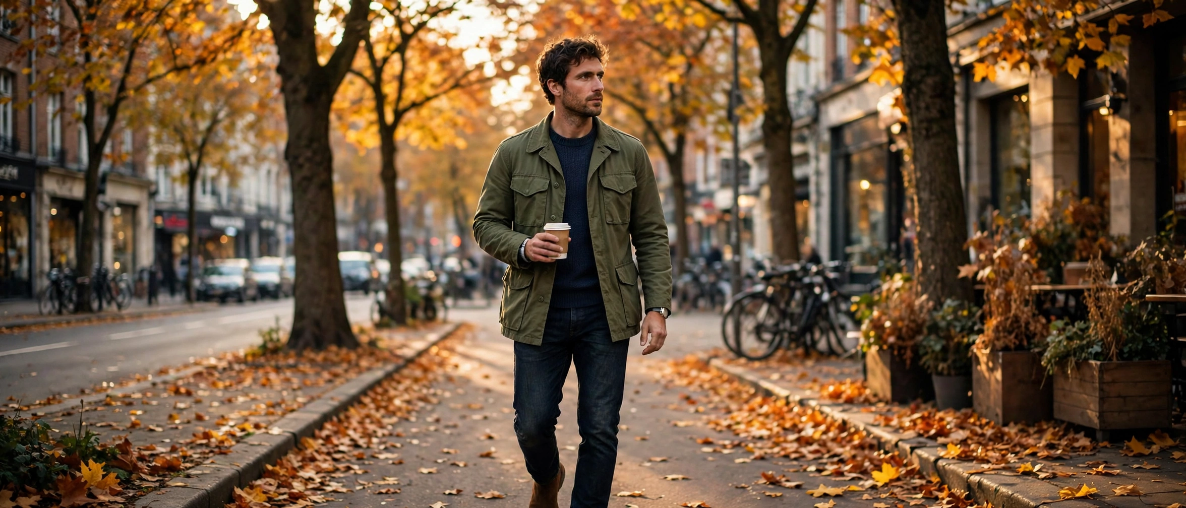 Man wearing an olive field jacket and navy sweater with dark jeans in fall